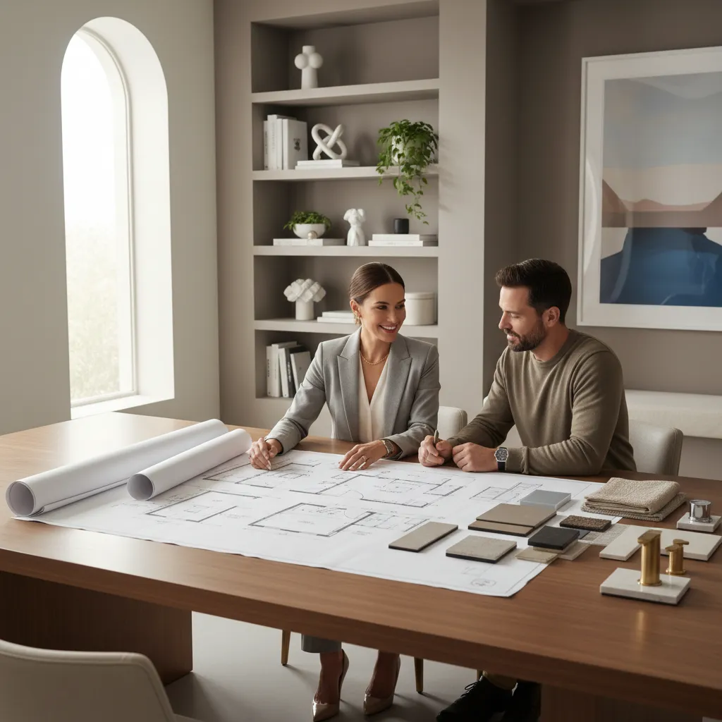 Professional interior designer reviewing bathroom remodel drawings with client