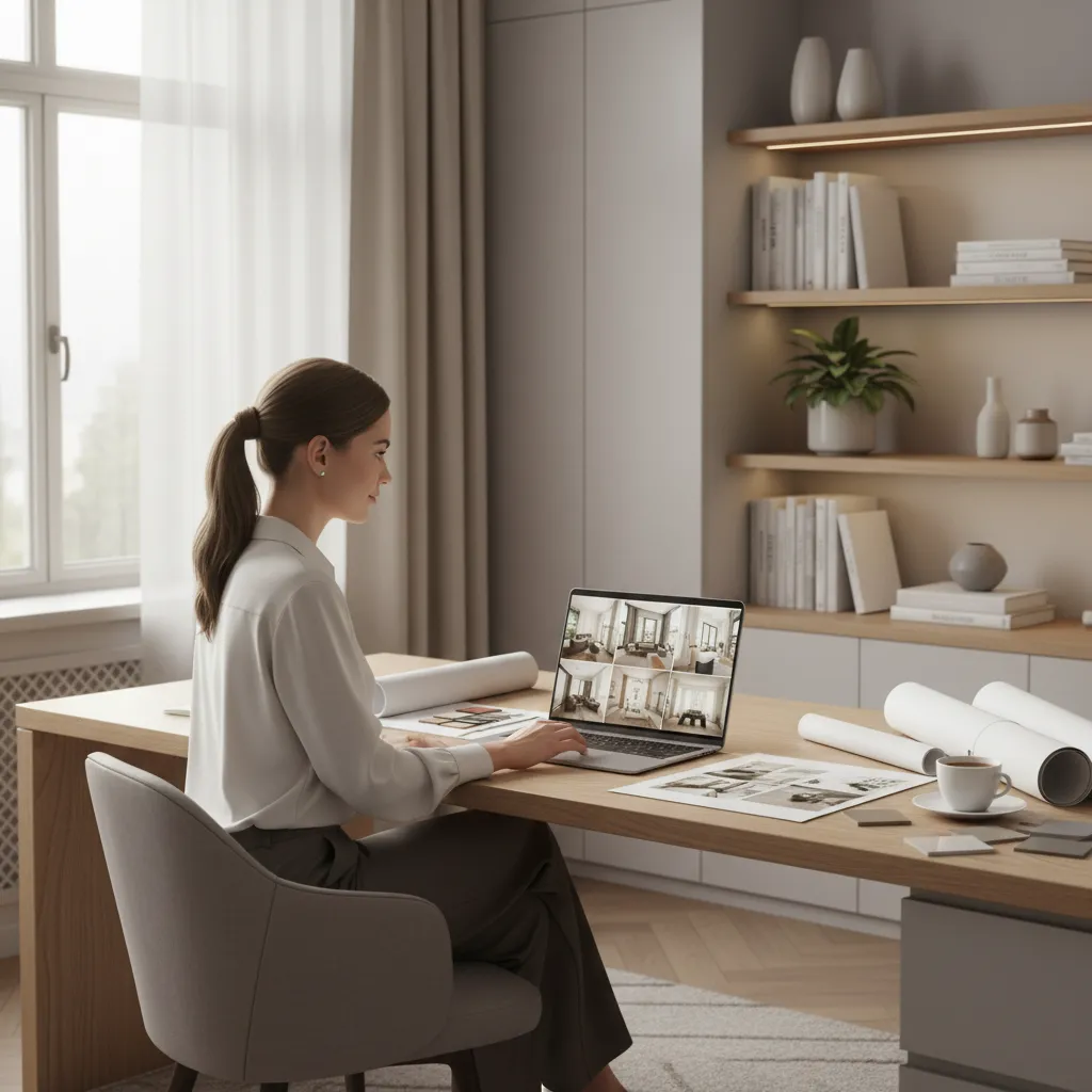 designer looking at completed interior project photos while writing message to client