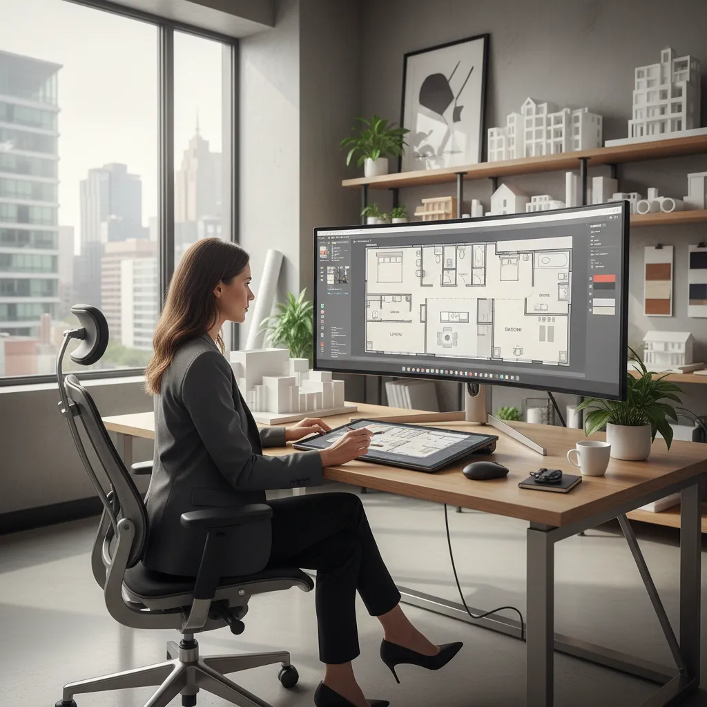 Diseñador revisando un plano digital de vivienda en pantalla