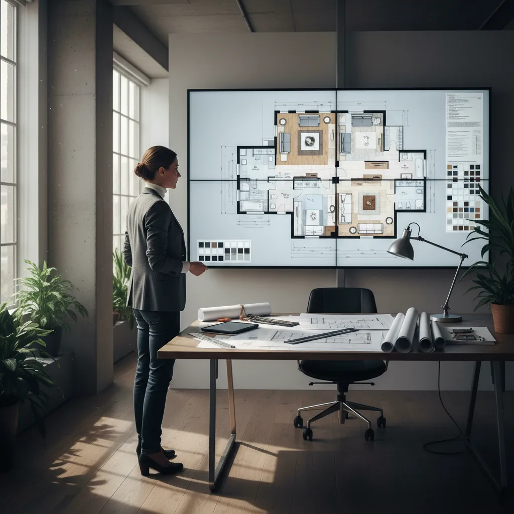 Interior designer reviewing digital floor plan layout on large screen