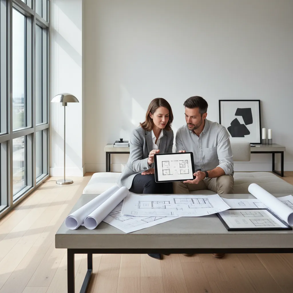interior designer reviewing digital home floor plan with client on tablet