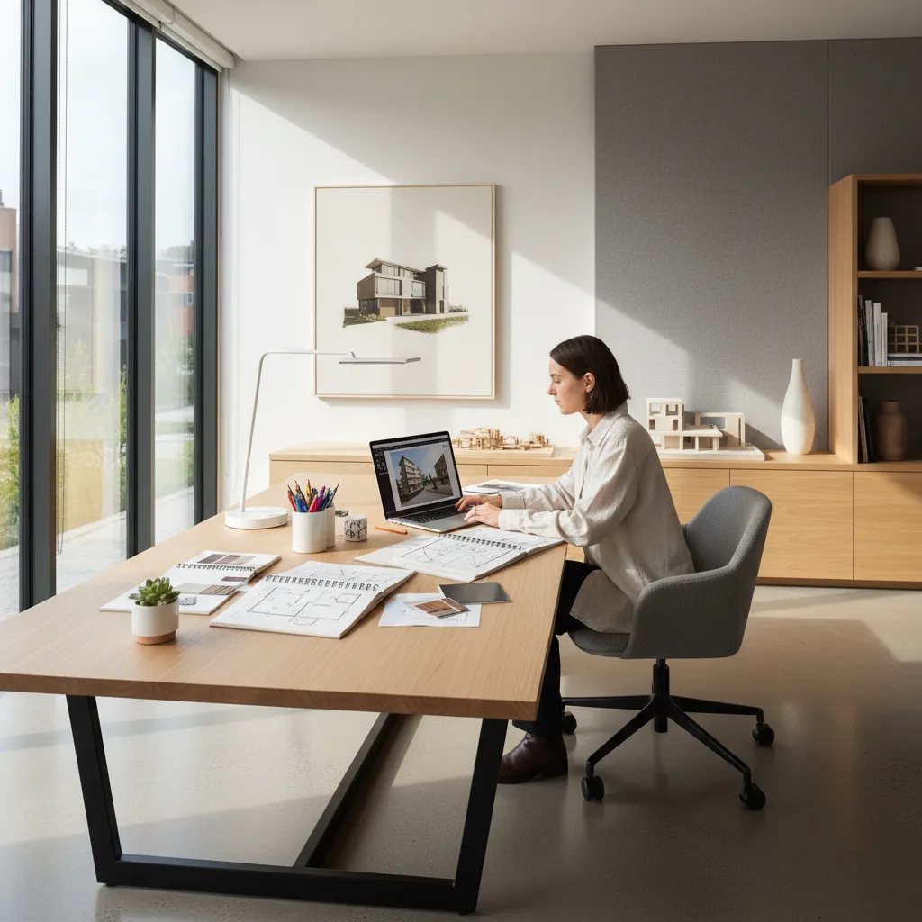 Interior designer reviewing a digital portfolio on laptop in studio