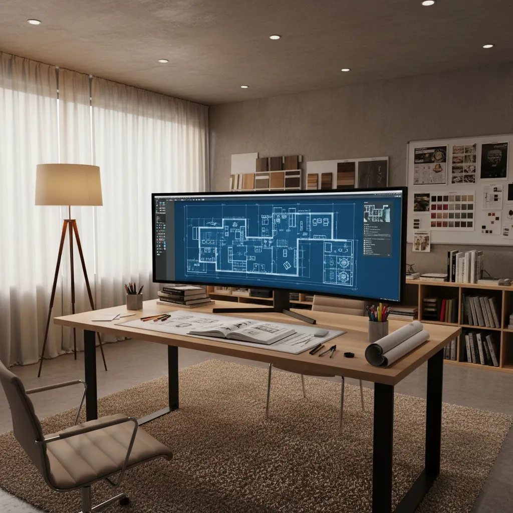 Interior designer reviewing digital floor plan concept on large screen in studio
