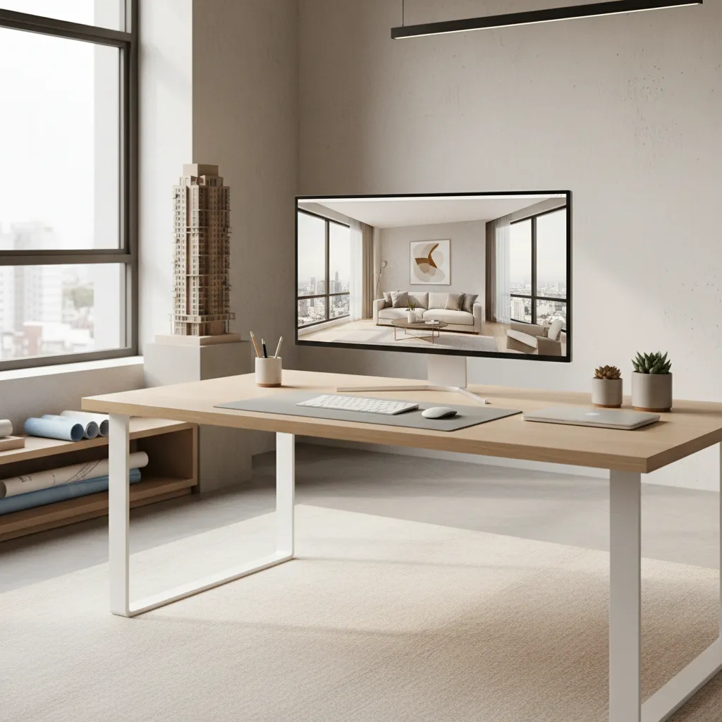 interior designer reviewing high resolution living room wallpapers on large monitor