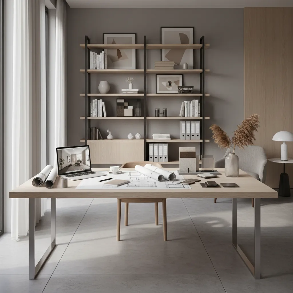 Interior designer reviewing residential layout plans and pricing notes on desk