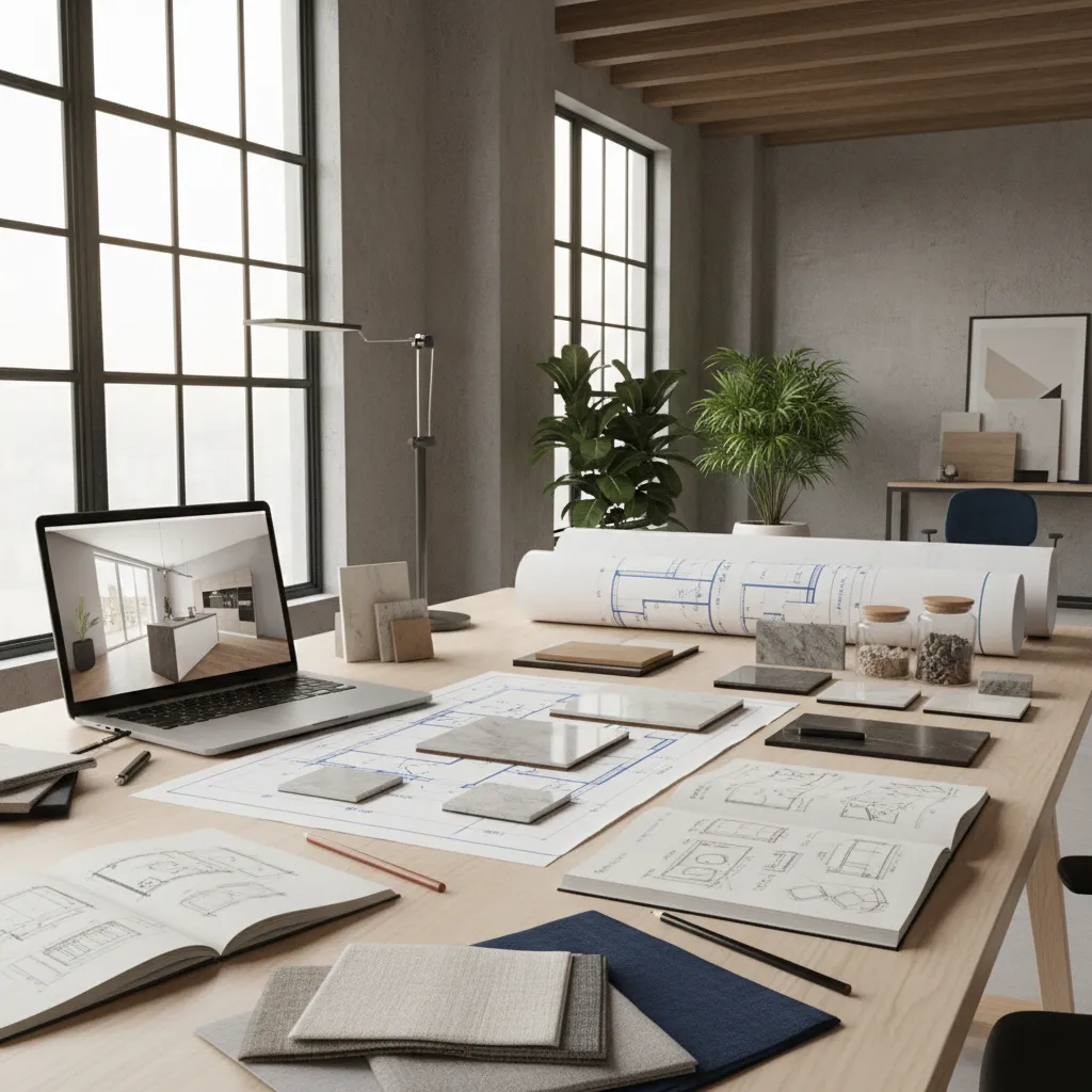 Interior designer reviewing architectural drawings and material samples on desk