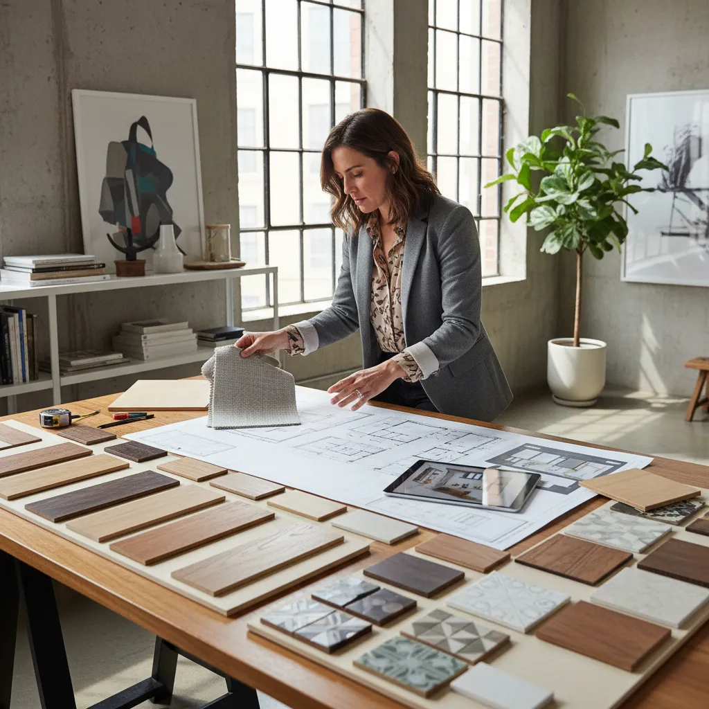 Diseñadora revisando proyecto interior con muestras de materiales
