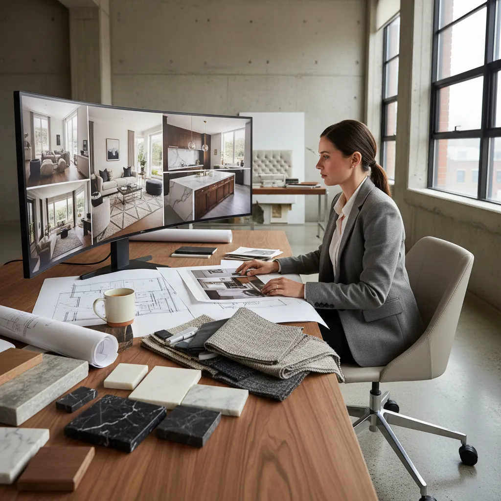 Diseñadora analizando fotografías de proyectos de interiorismo en su ordenador