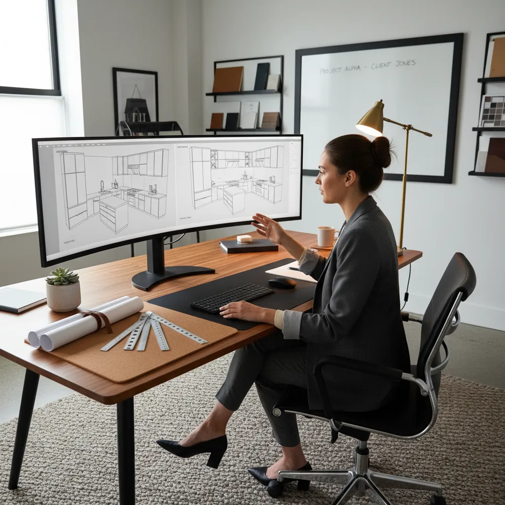 interior designer reviewing kitchen and bathroom layout on computer software