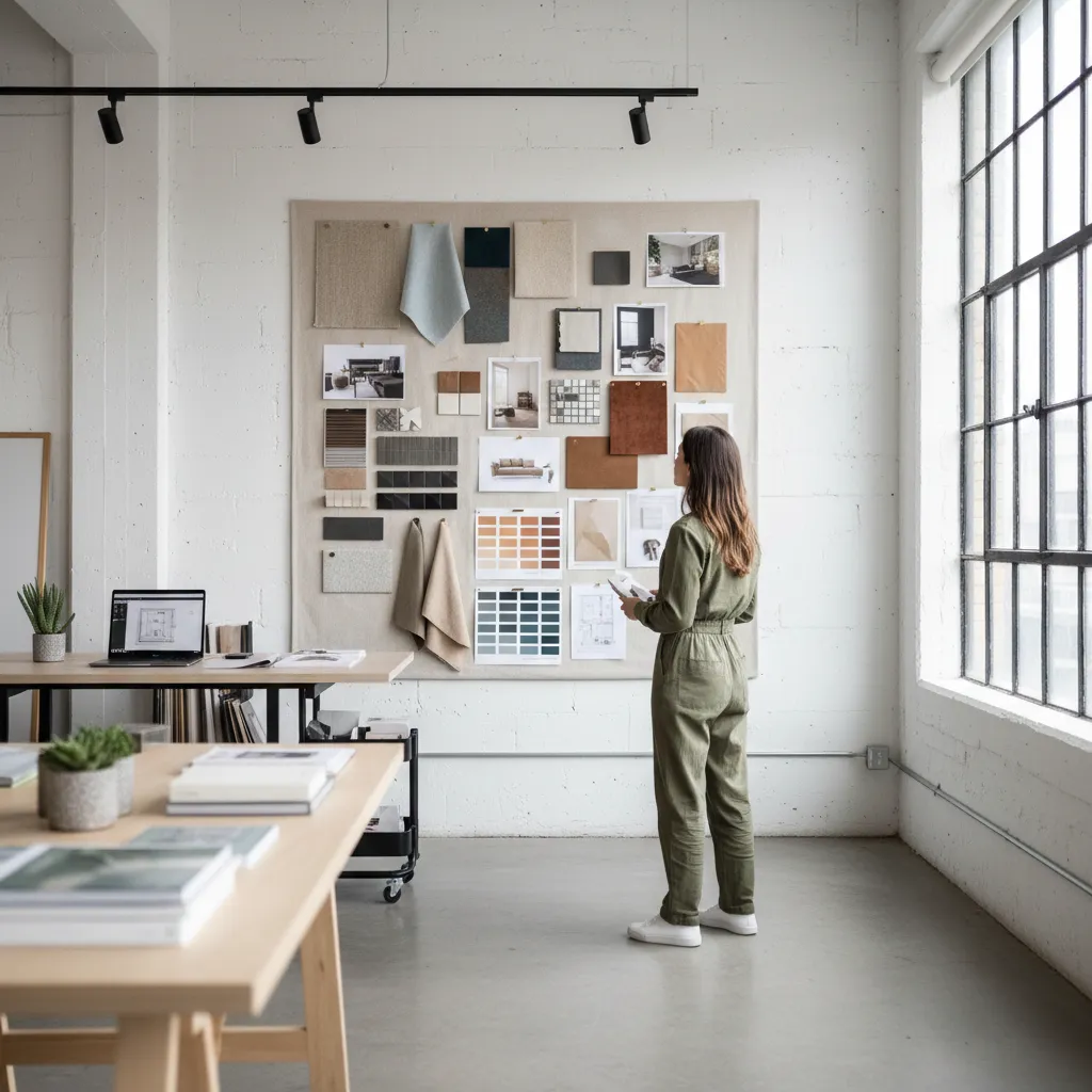 Woman in green jumpsuit standing and looking at a large mood board in a bright studio