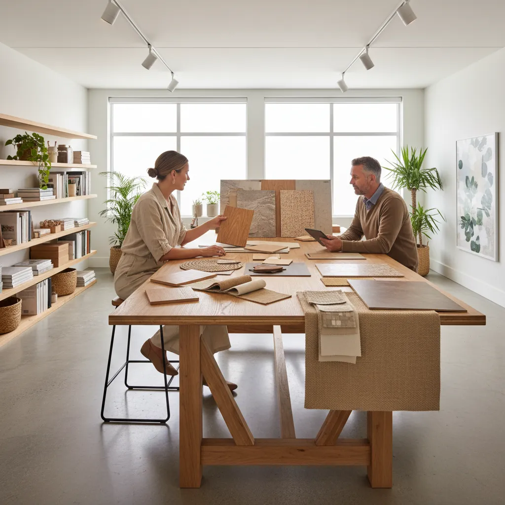 Interior designer reviewing non toxic decorative materials and finishes