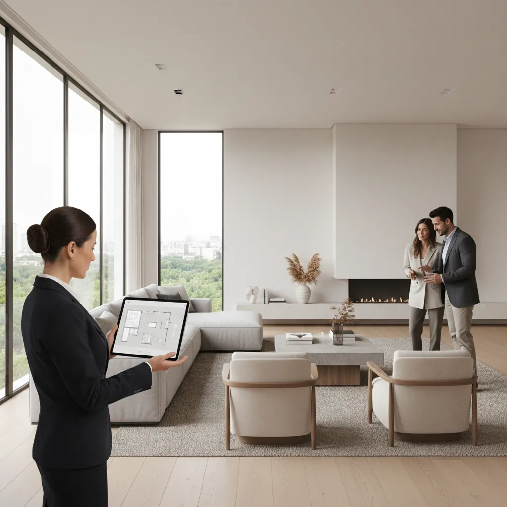 interior designer presenting room layout to clients in modern living room