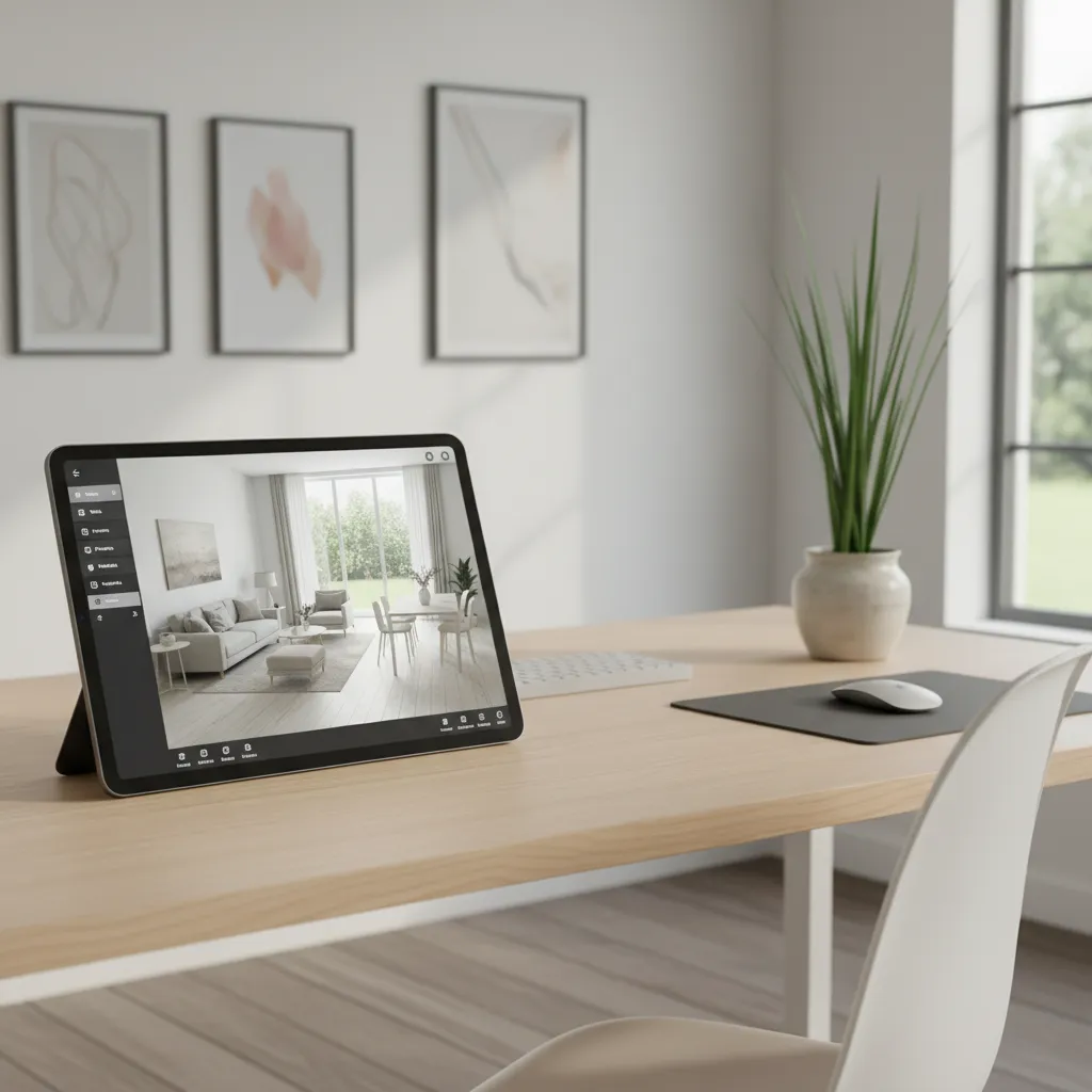digital interior design room layout planner on tablet showing furniture arrangement