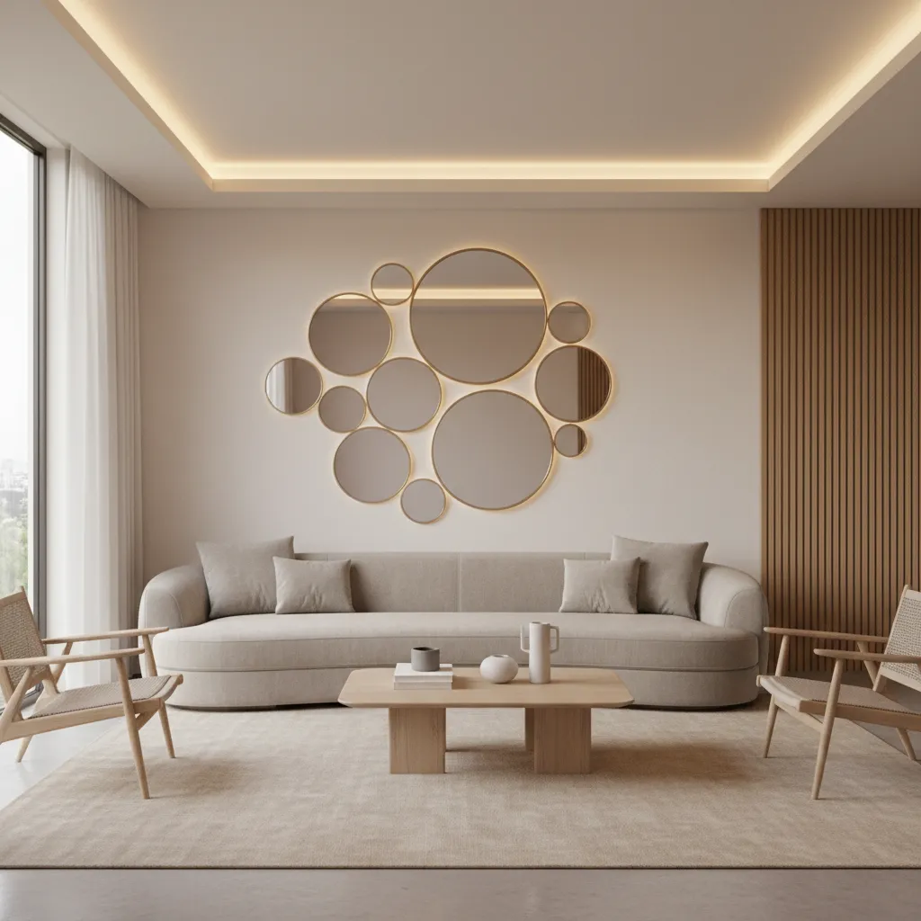 designer living room with round mirror feature wall above sofa