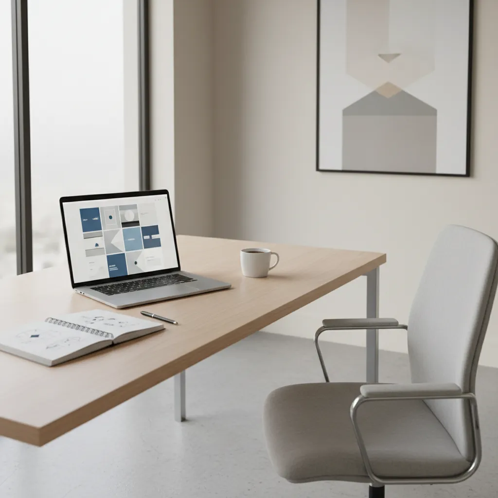 Designer browsing template websites on laptop at desk