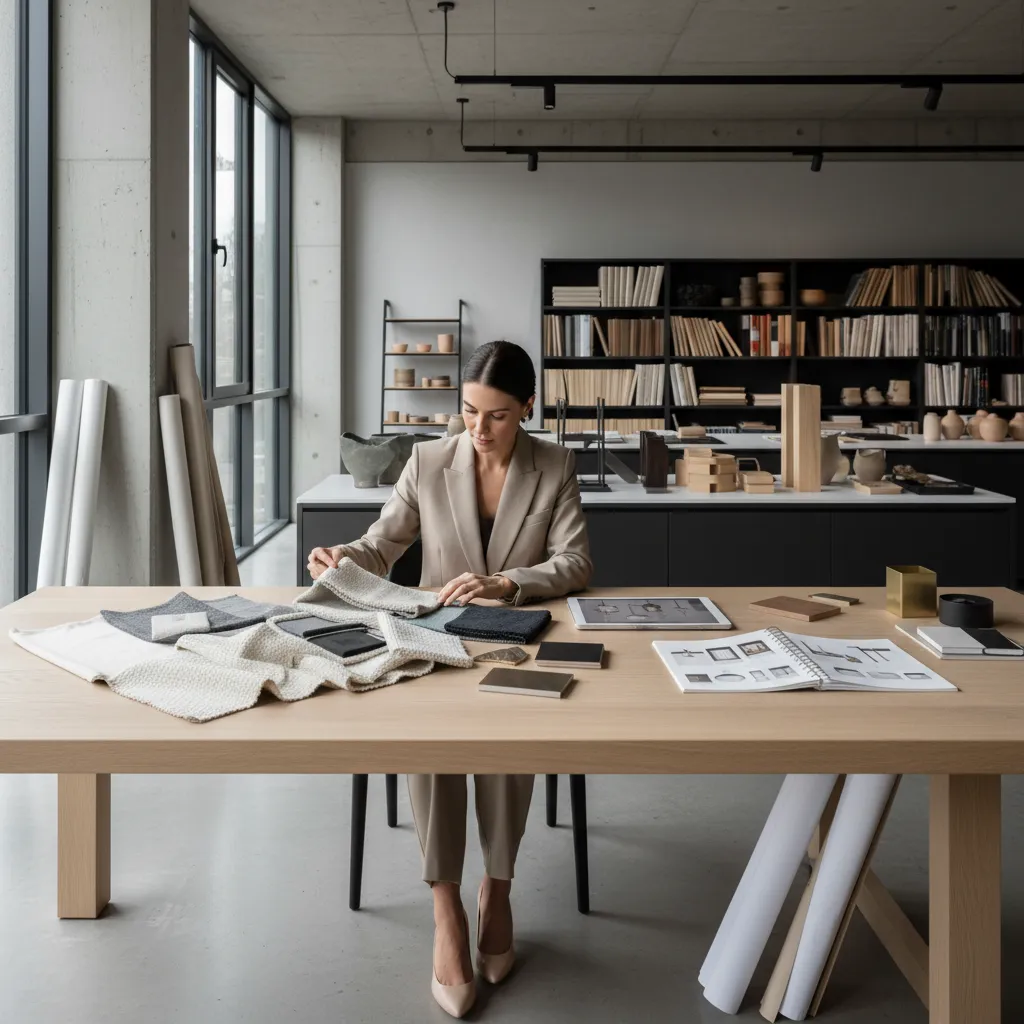 Interior designer selecting furniture fabrics and material samples for procurement