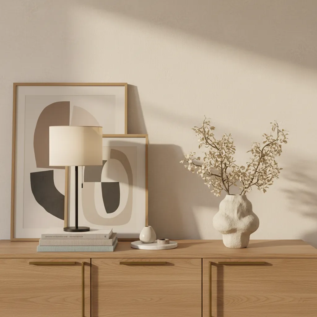 Styled dining room sideboard with lamp, art and decorative objects