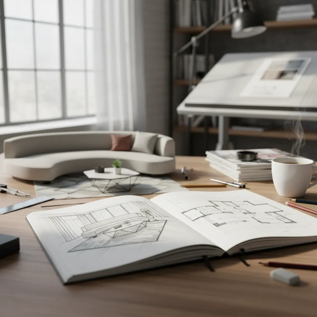 Diseñador dibujando ideas de interiorismo en una libreta