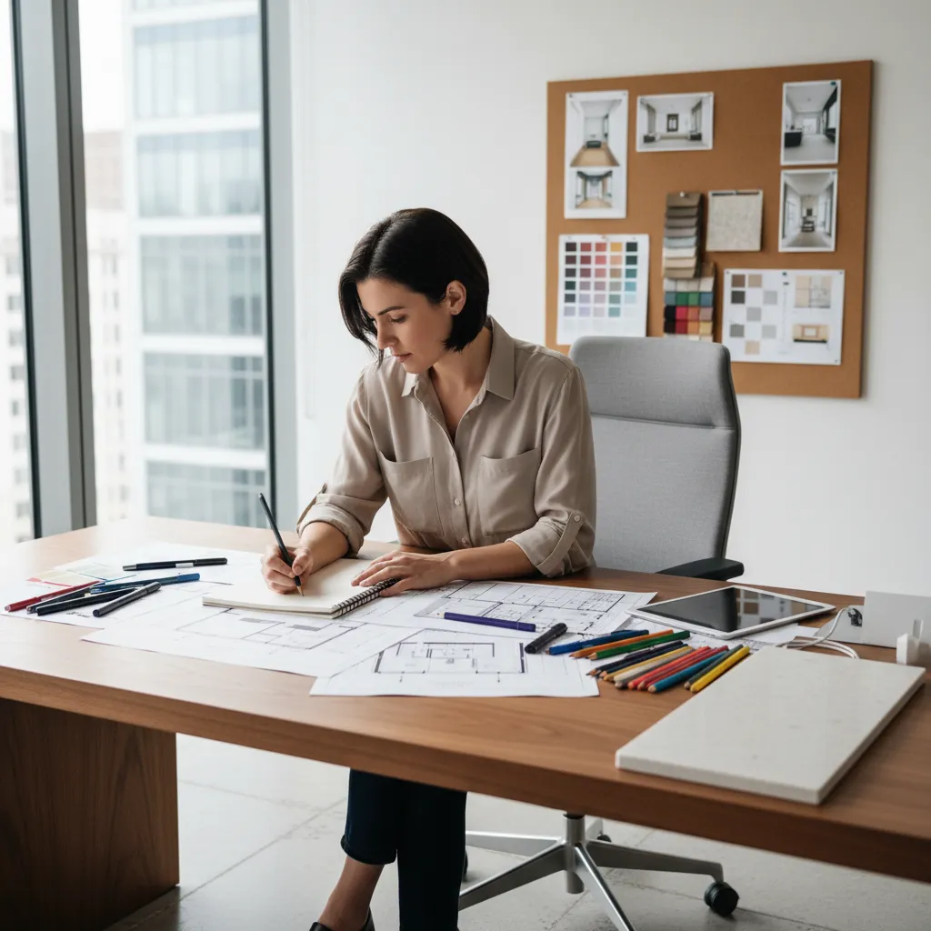 Diseñador dibujando ideas de distribución interior en un cuaderno