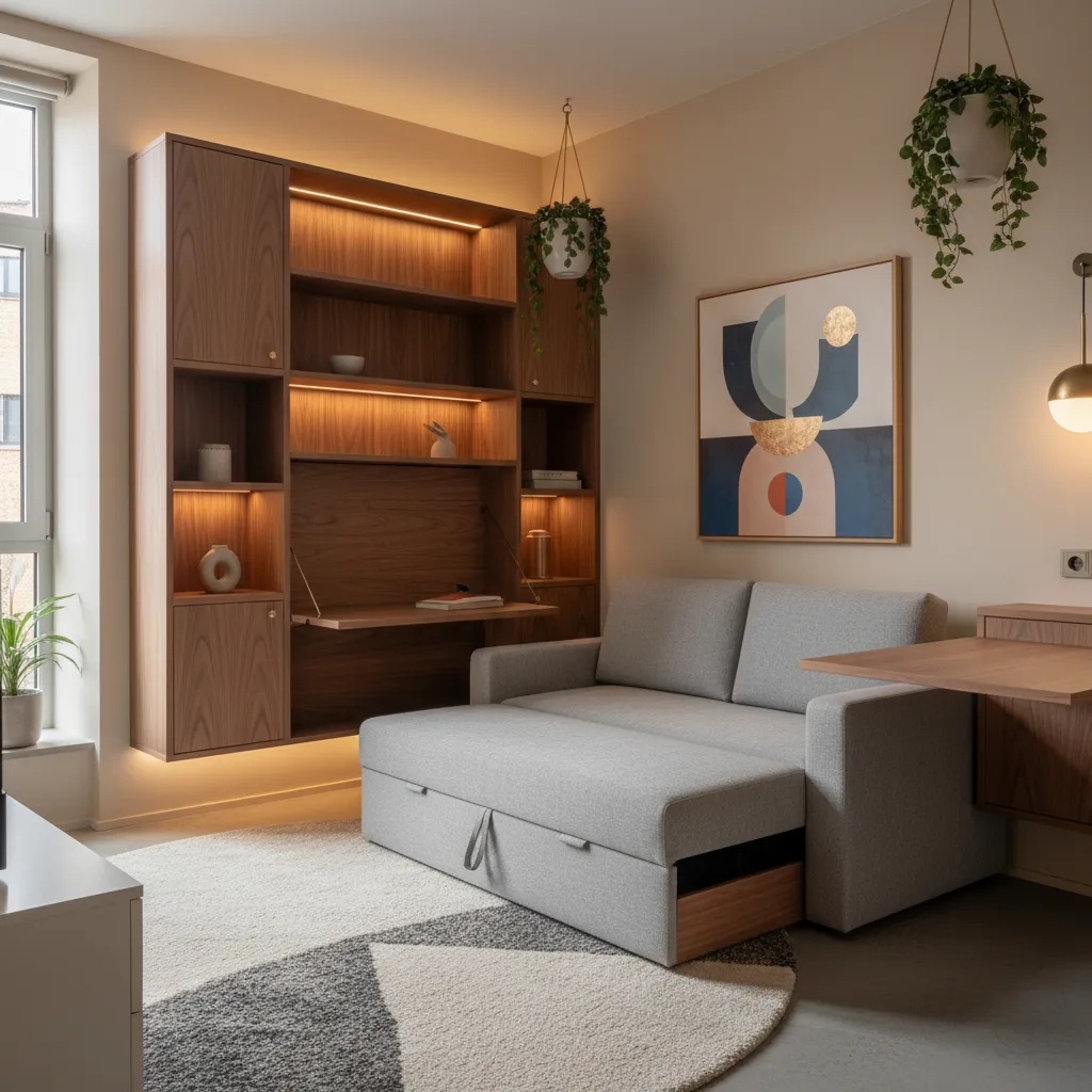 Apartamento pequeño con diseño elegante y mobiliario multifuncional