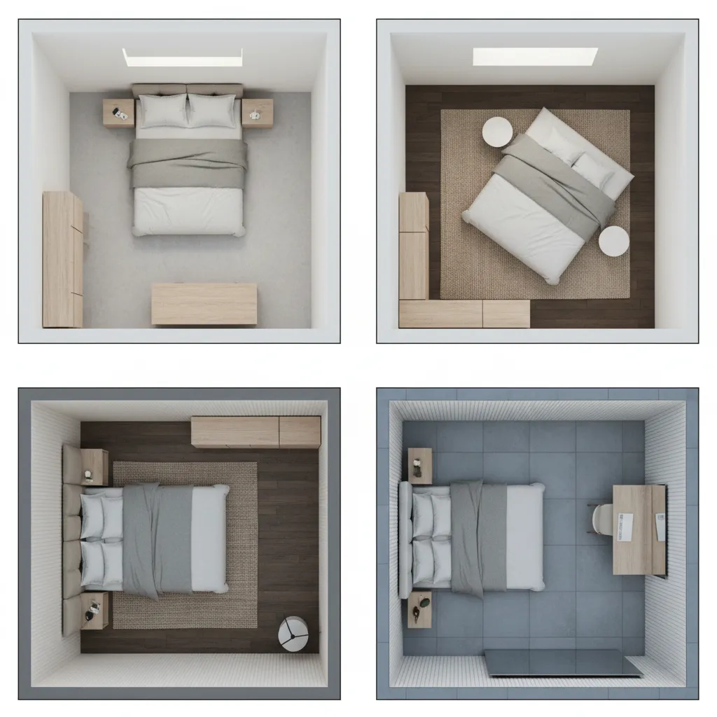 Three layout variations for small bedrooms with queen beds