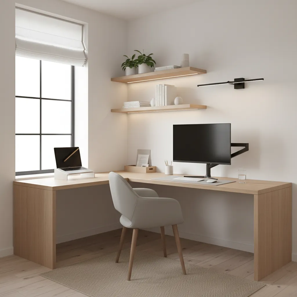 Small desk area with wall shelves and lighting above L shaped desk