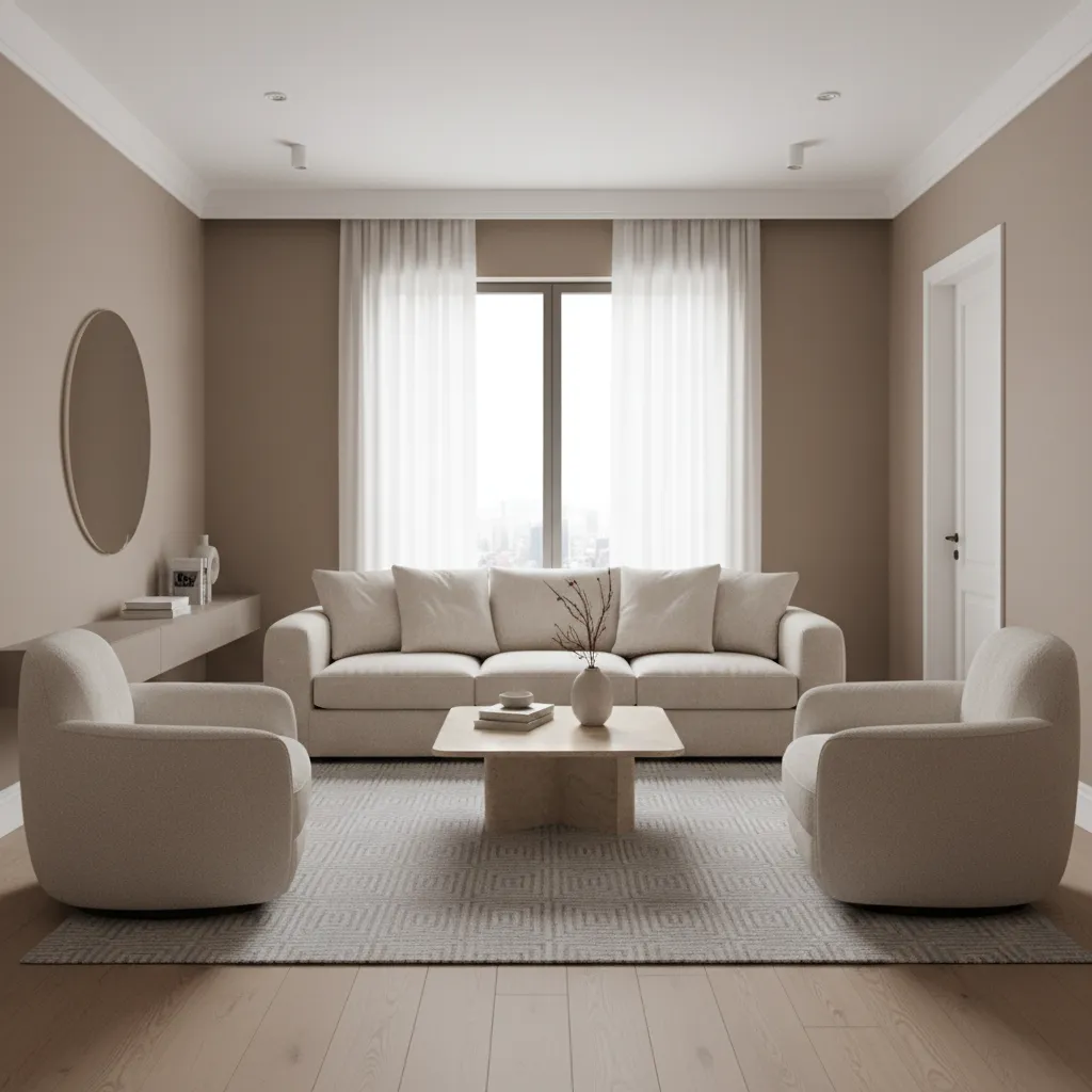 Interior designer styled small luxury living room with balanced layout and focal point sofa