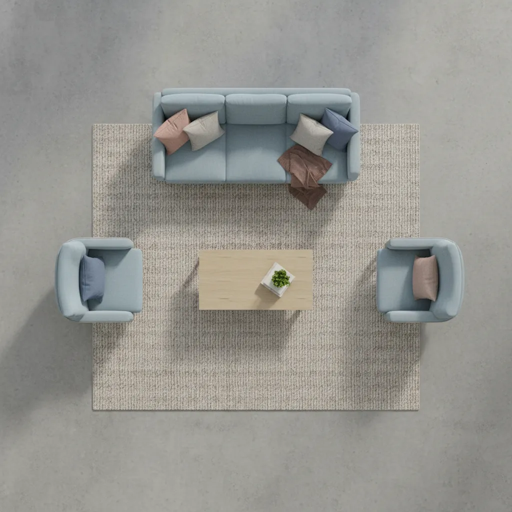 top view floor plan showing sofa and two chairs layout in small living room