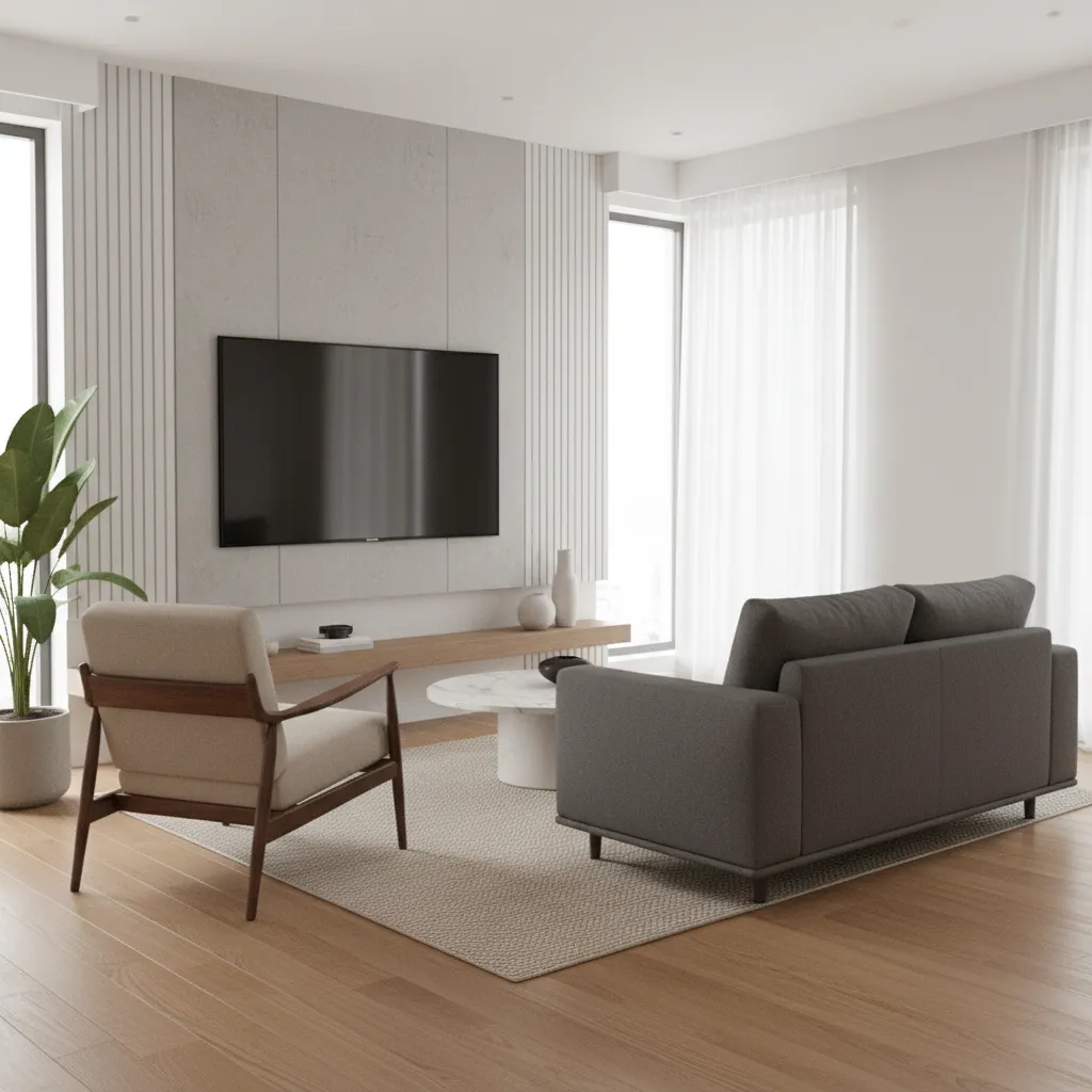 Modern designer small living room with TV wall and compact furniture layout