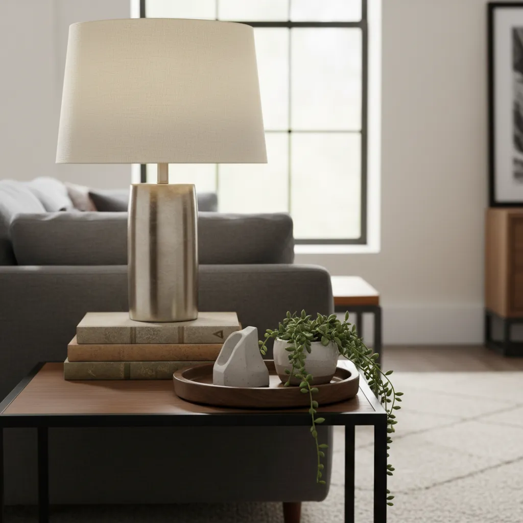 Table lamp on wooden side table with books, small plant, tray, and grey sofa background