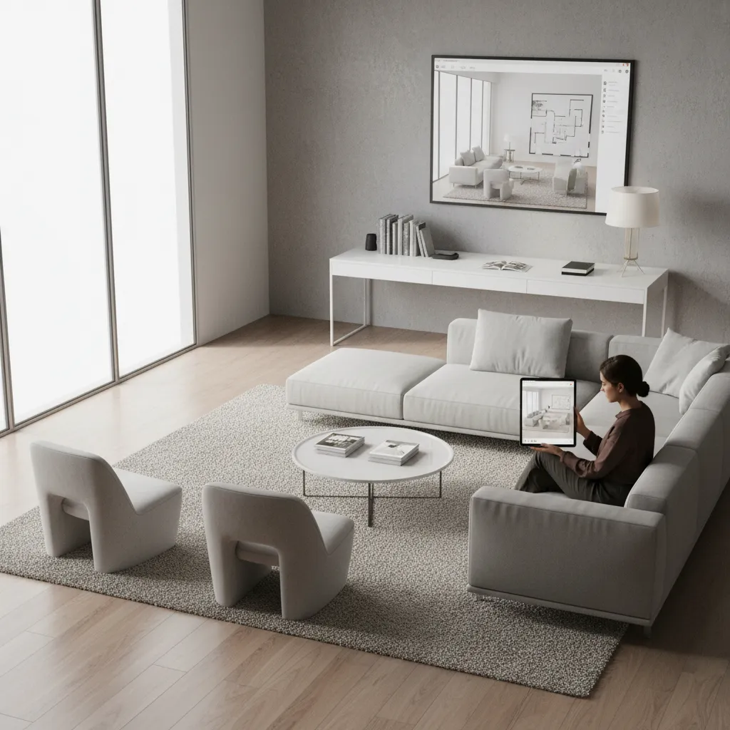 Interior designer testing a room layout using a floor plan design app on a tablet