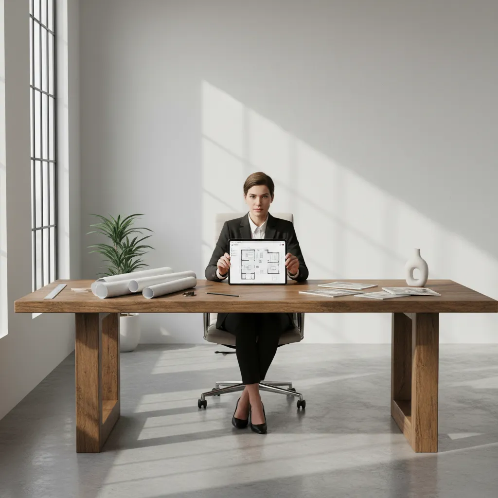 Interior designer testing a digital floor plan layout on a tablet device