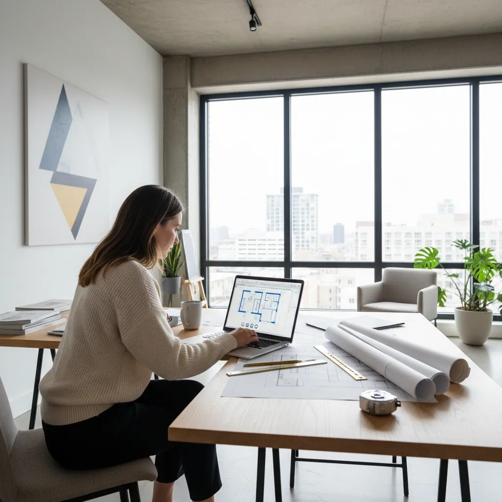 interior designer testing multiple floor plan layouts on laptop