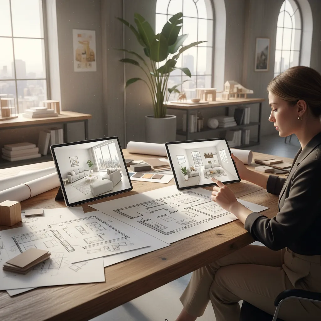 Interior designer reviewing digital floor plan layouts on a tablet