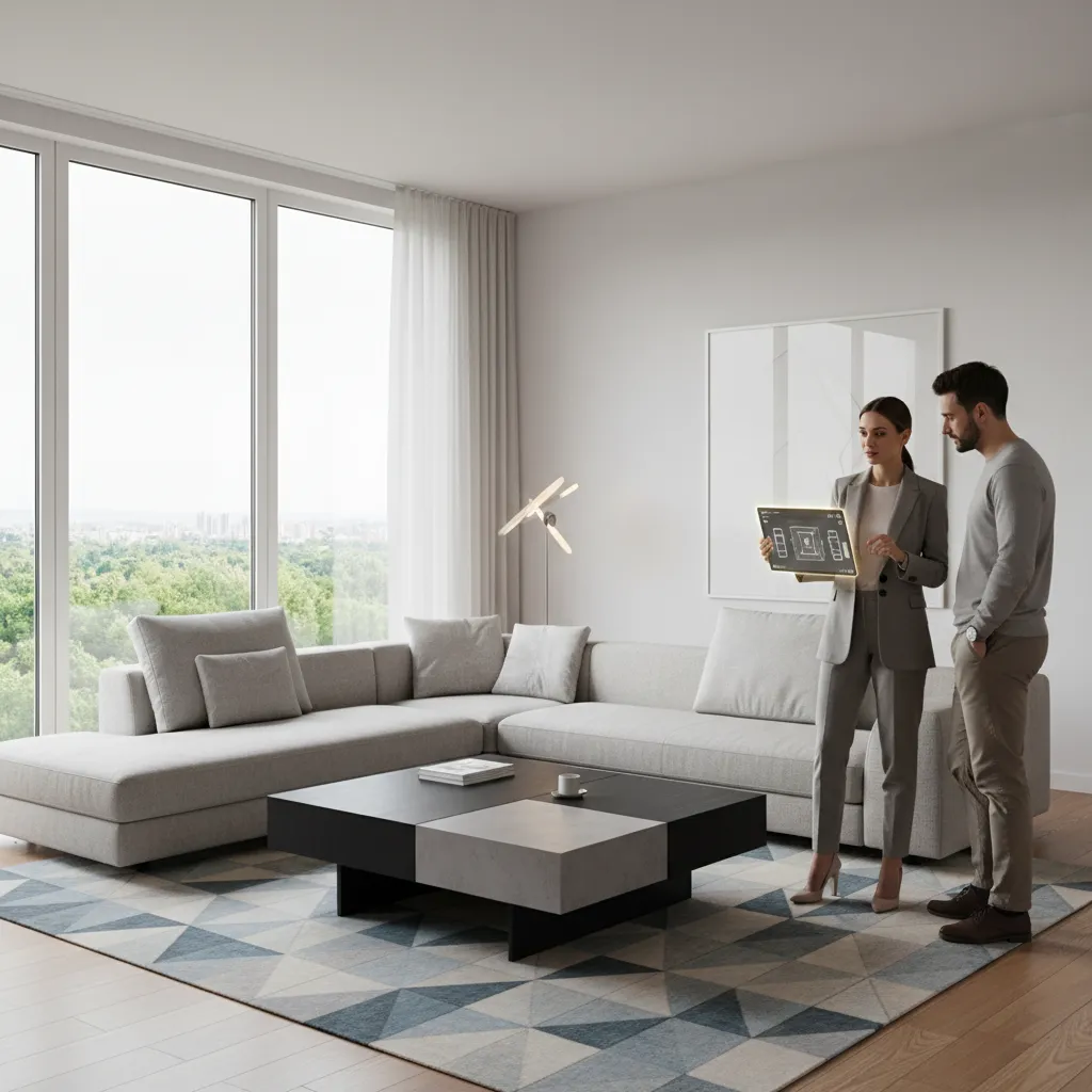 Interior designer reviewing a room layout on a tablet during a home consultation