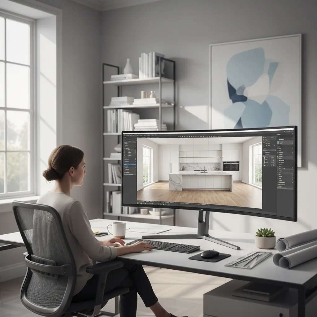 Interior designer exploring kitchen layout ideas using a free kitchen design tool on a computer