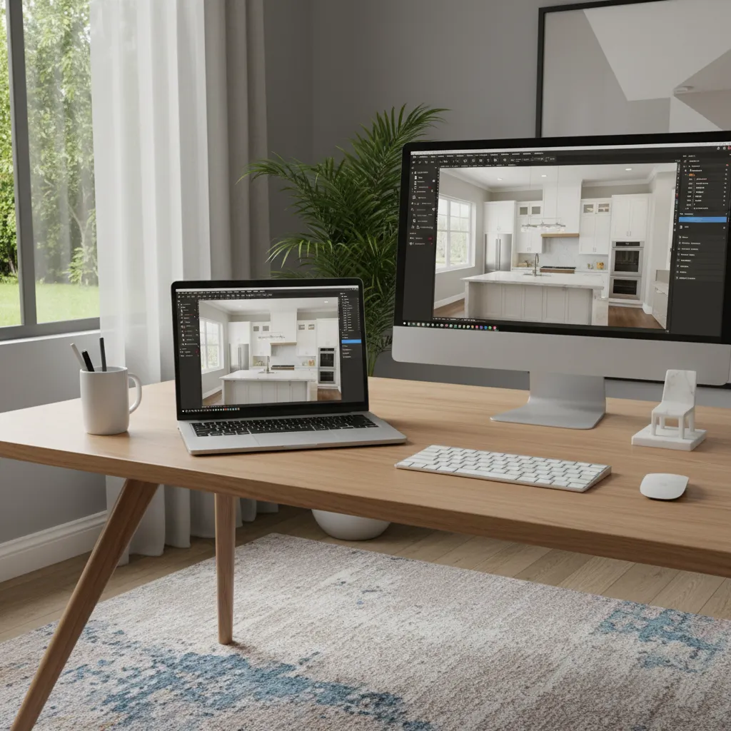 Interior designer reviewing kitchen layout using 3D planning software