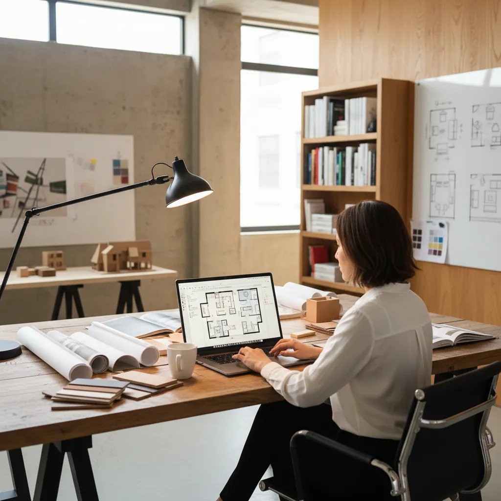Interior designer analyzing open floor plan layout on laptop
