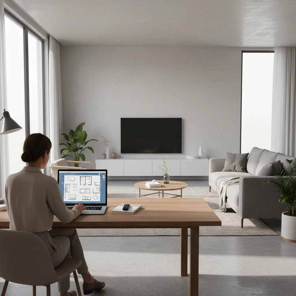 Interior designer creating a living room layout using free floor planning software