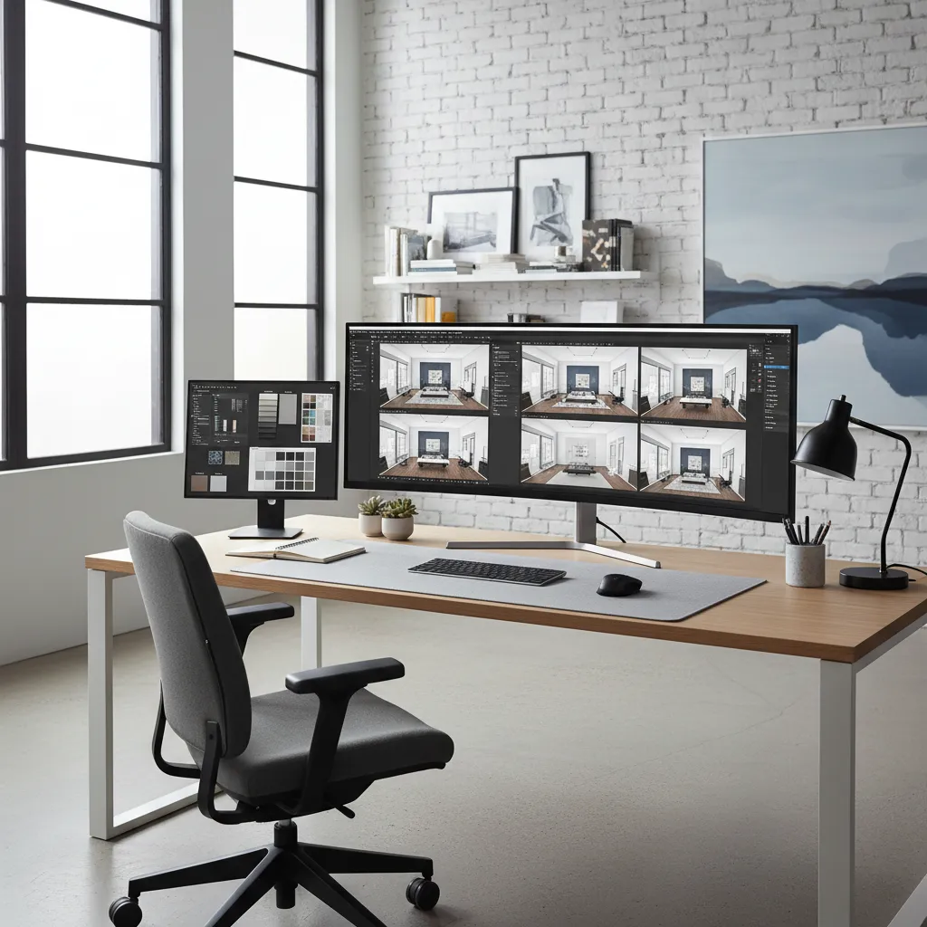 interior designer reviewing multiple digital room layout concepts on large monitor