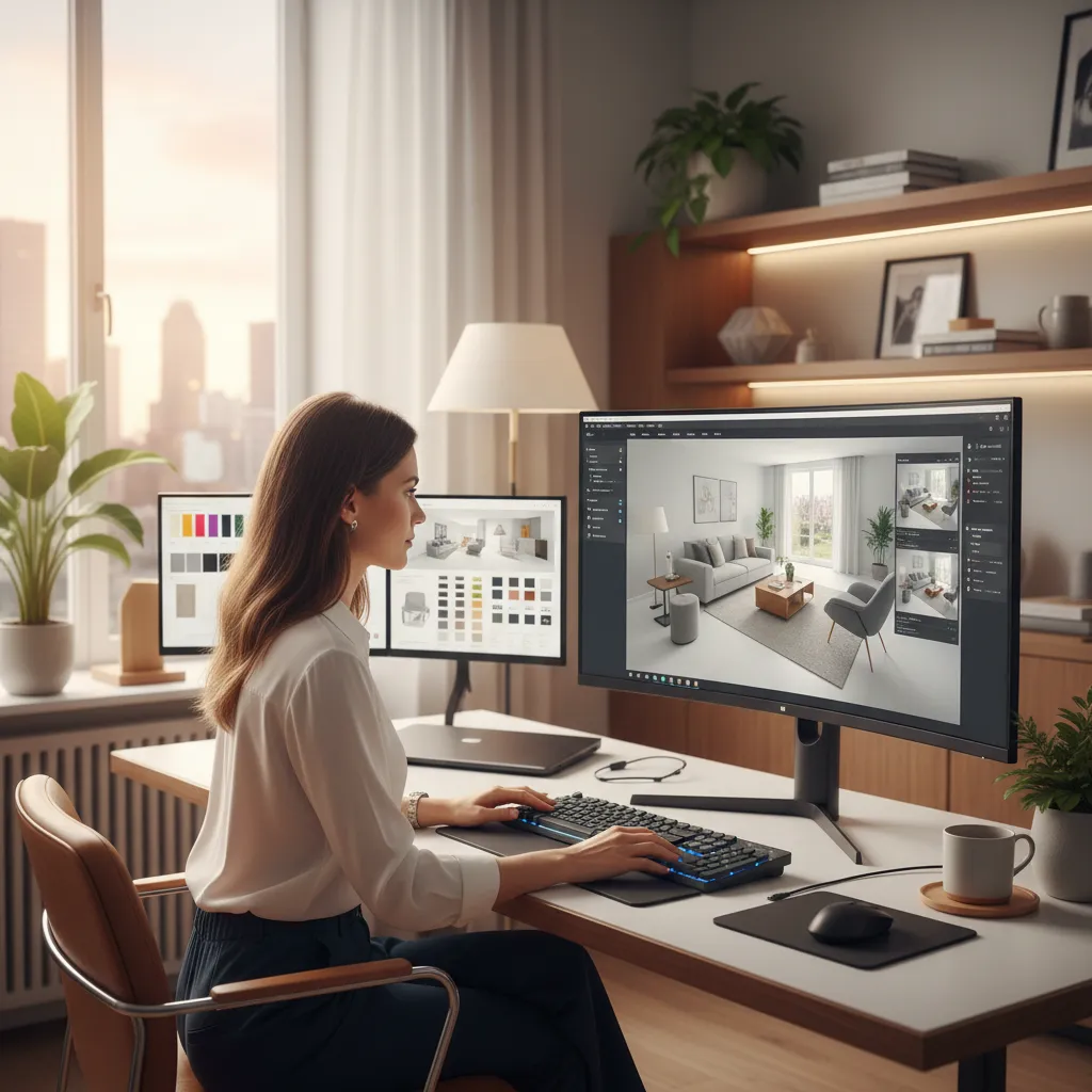 Female designer working on interior design software with multiple monitors showing different living room layouts