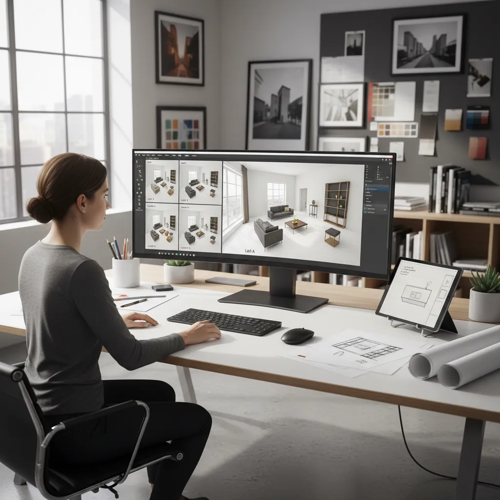 Interior designer testing multiple room layouts on digital floor planning software