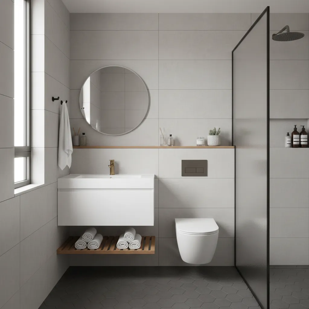 designer example of optimized accessory layout in a tiny bathroom