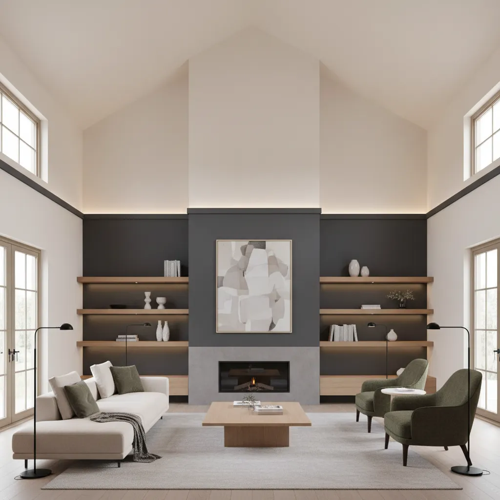 Living room with color blocking and horizontal trim balancing a tall cathedral wall