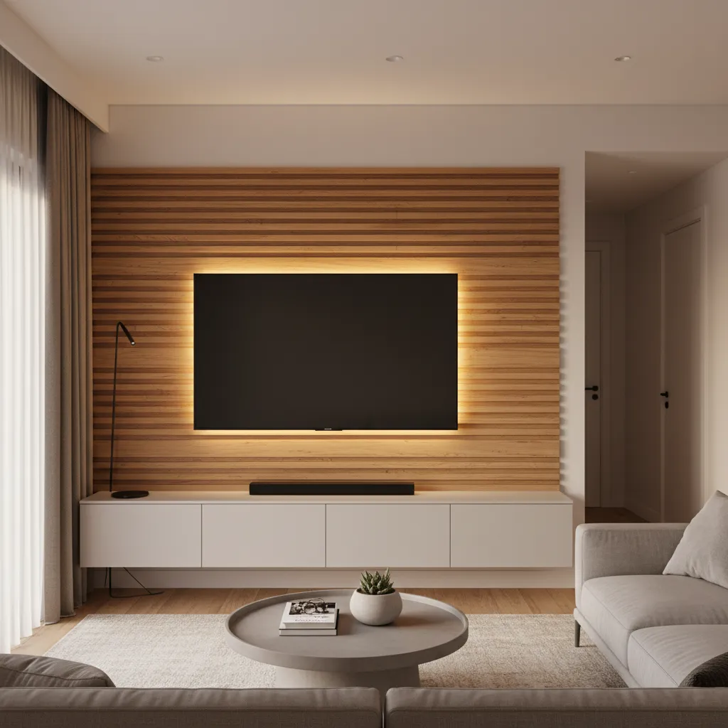 Large TV mounted on wood panel accent wall with soft backlighting
