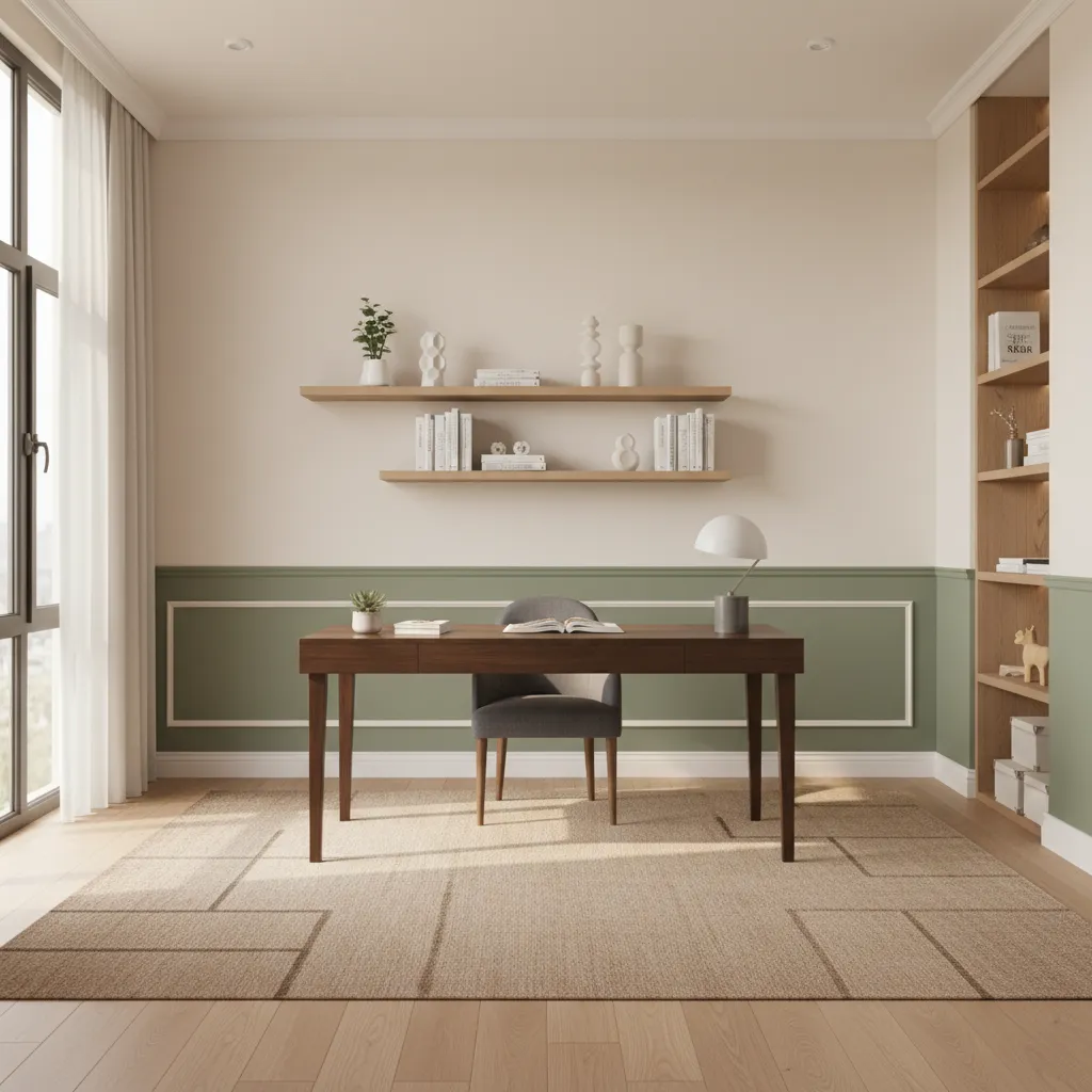 designer home office with chair rail and subtle two tone wall colors