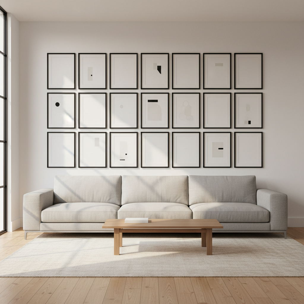 Perfectly aligned grid gallery wall with identical frames