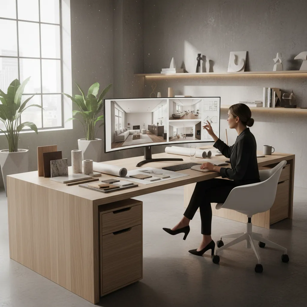 Interior designer reviewing AI generated remodeling concepts on a computer