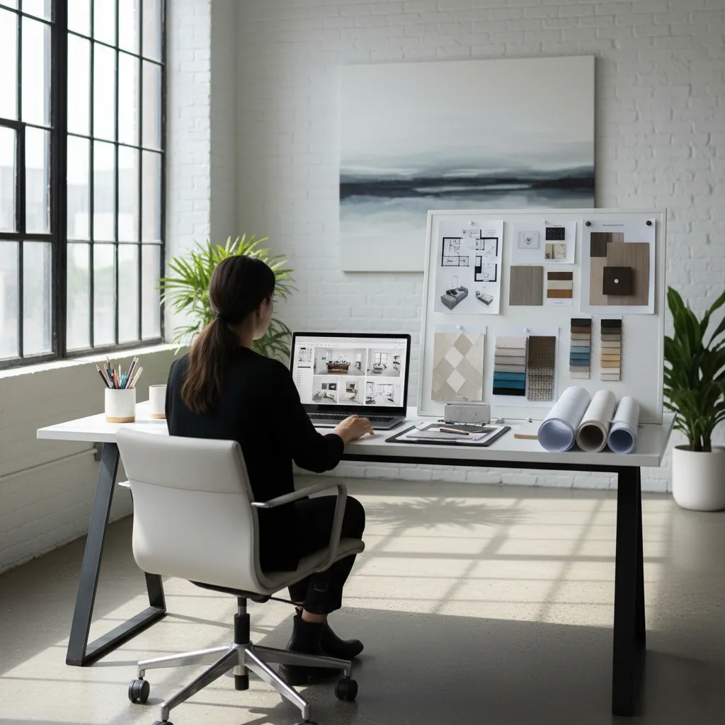 interior designer reviewing AI generated remodeling concepts on laptop
