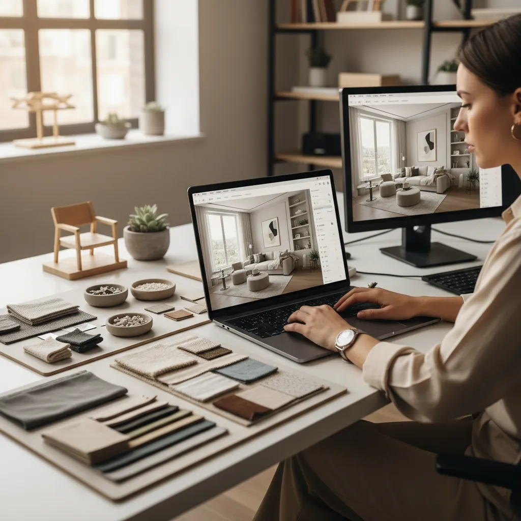 interior designer using AI home design software to visualize a living room